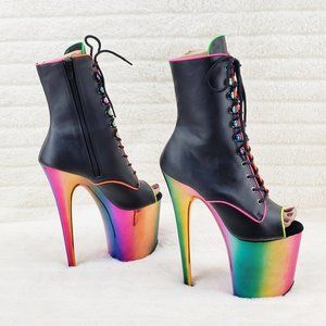 Rainbow Chrome & UV Neon Trim 8" Open Toe Platform Ankle Boots Flamingo RC
